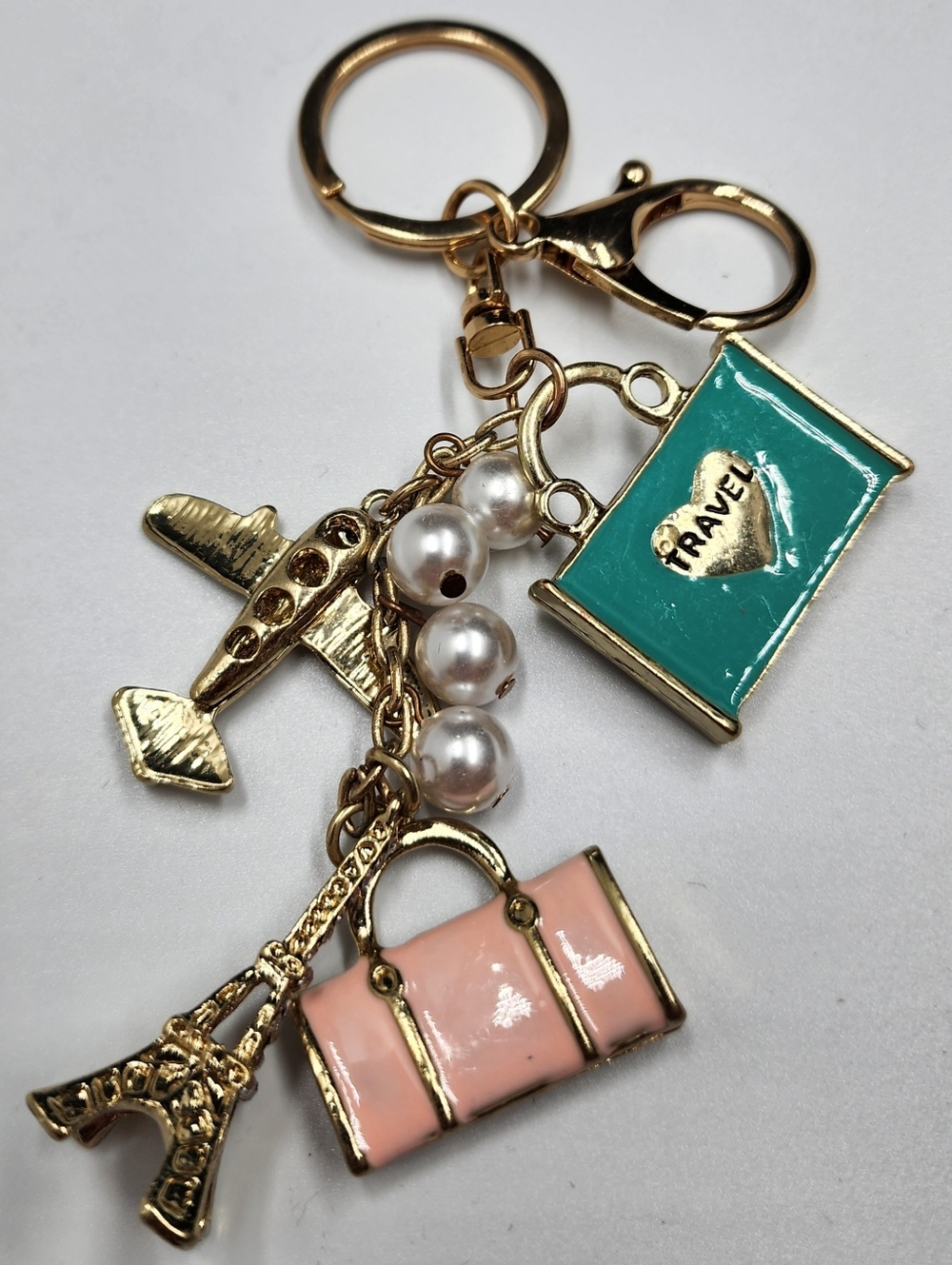 Travel Purse Charms Key Fob Keychain Airplane Faux Pearls Gold Tone Eiffel Tower